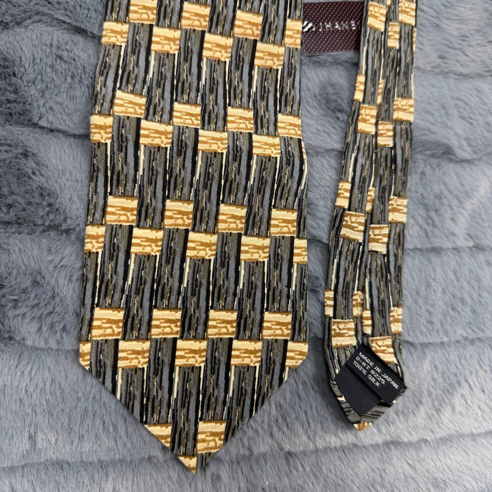 Jhane Barnes Mens Silk Tie Grey Gold Geometric Block Made in Japan JB-88123